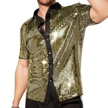 Men's Shiny T-Shirt, Short Sleeve Sequins 70s 80s Disco Fancy Dress Shirt, Vintage Lapel Button Down Sparkly Dancing T-Shirt