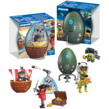 Playmobil Play Egg Set Pirates & Space | 2 Surprise Eggs with Figures & Accessories | Mini Play World to Build | Reusable as a Money Box