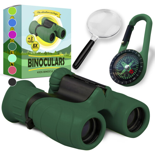 Promora Binoculars for Kids, Set with Magnifying Glass & Compass