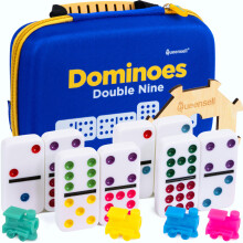 Double 9 Dominos Set for Adults and Kids with Colored Dots - Classic Dominoes Game Set with 55 Tiles, Wooden Hub, Trains and EVA Carrying Case