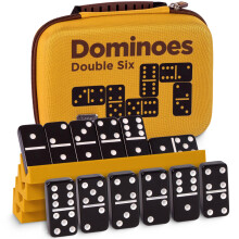 Queensell Double Six Dominoes Set with 4 Silicone Holders, 28 Black Domino Tiles with Easy-to-Read White Dots, EVA Carrying Case