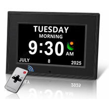 Digital Alarm Clock for Seniors - No-Abbreviation Date HD Display Auto Dimming Photo FrameWhite Noise DST Adjustment, for Elders(7inch Black)