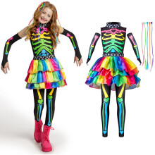 Spooktacular Creations Funky Punky Bones Colorful Skeleton Deluxe Halloween Girls Costume Set with Hair Extensions