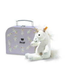 Steiff cuddly toy Unica Dangling unicorn in a suitcase, cute stuffed toy, children, boys & girls, Friends, plush toy 20 cm, white, 708015