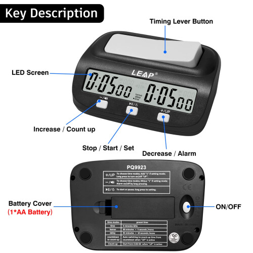 LEAP Digital Chess Clocks Timer with Bonus & Delay Countdown Function for 2-Player Board Games - Black 2