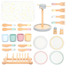 UMU Wooden Dishware Set for Kids - 28-Piece Pretend Play Tableware with Plates, Cups, Cutlery & Stand - Wooden Kitchen Accessory for Play Kitchens