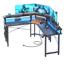 CAIYUN Computer Desk with Power Outlets & LED Strip,50.8" Reversible L Shaped Desk with Monitor Stand & Storage Bag, Black Gaming Desk with Cup Holder