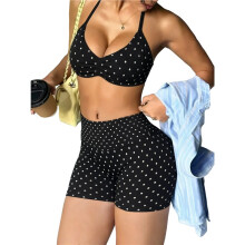 Women'S Polka-Dot Halter Top & High-Waist Shorts 2-Piece Outfit Set Black Polka Dots M