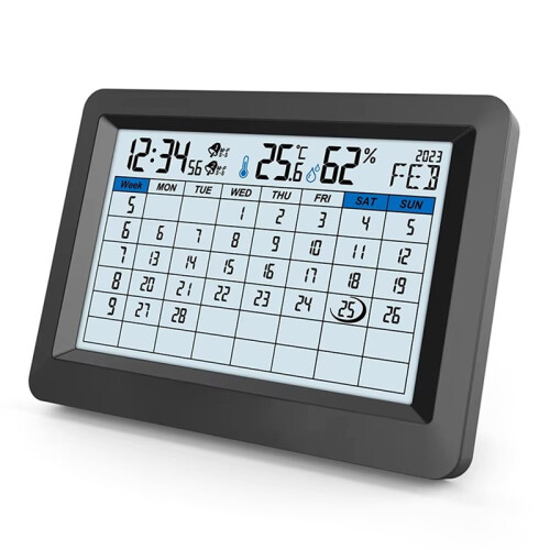 Calendario Elettronico Multifunzione con Ampio Schermo, Doppia Sveglia, Termometro e Igrometro da Interni, Data e Programma Settimanale. 1