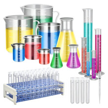 40 Piezas de Tubos de Ensayo de Plástico con Gradilla, Probetas Graduadas, Vasos de Precipitados, Matraces y Pipetas