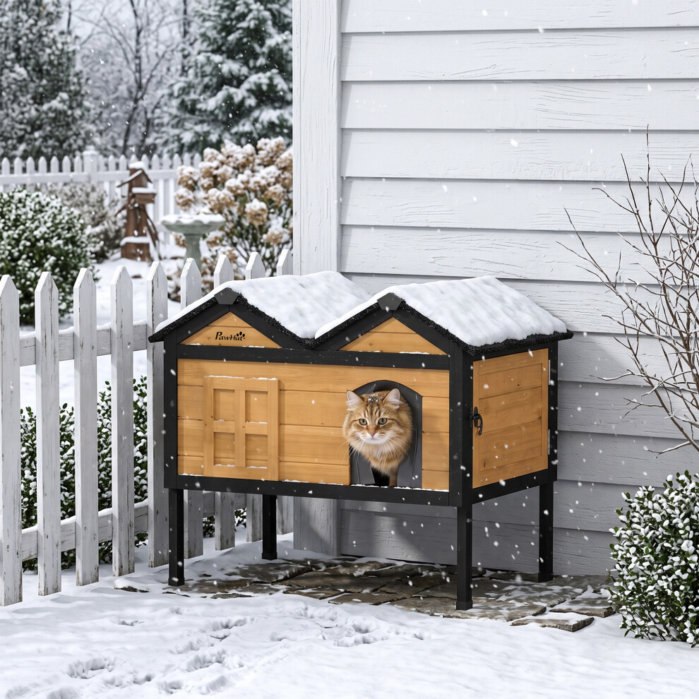 Pawhut Outdoor Wooden Cat House, Insulated Cat Shelter, Raised Base