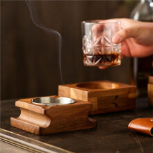 Solid Wood Ashtray with Whiskey Glass Holder, Personalized Walnut Gift for Dad, Hidden Drawer & Ash Catcher for Home Bar