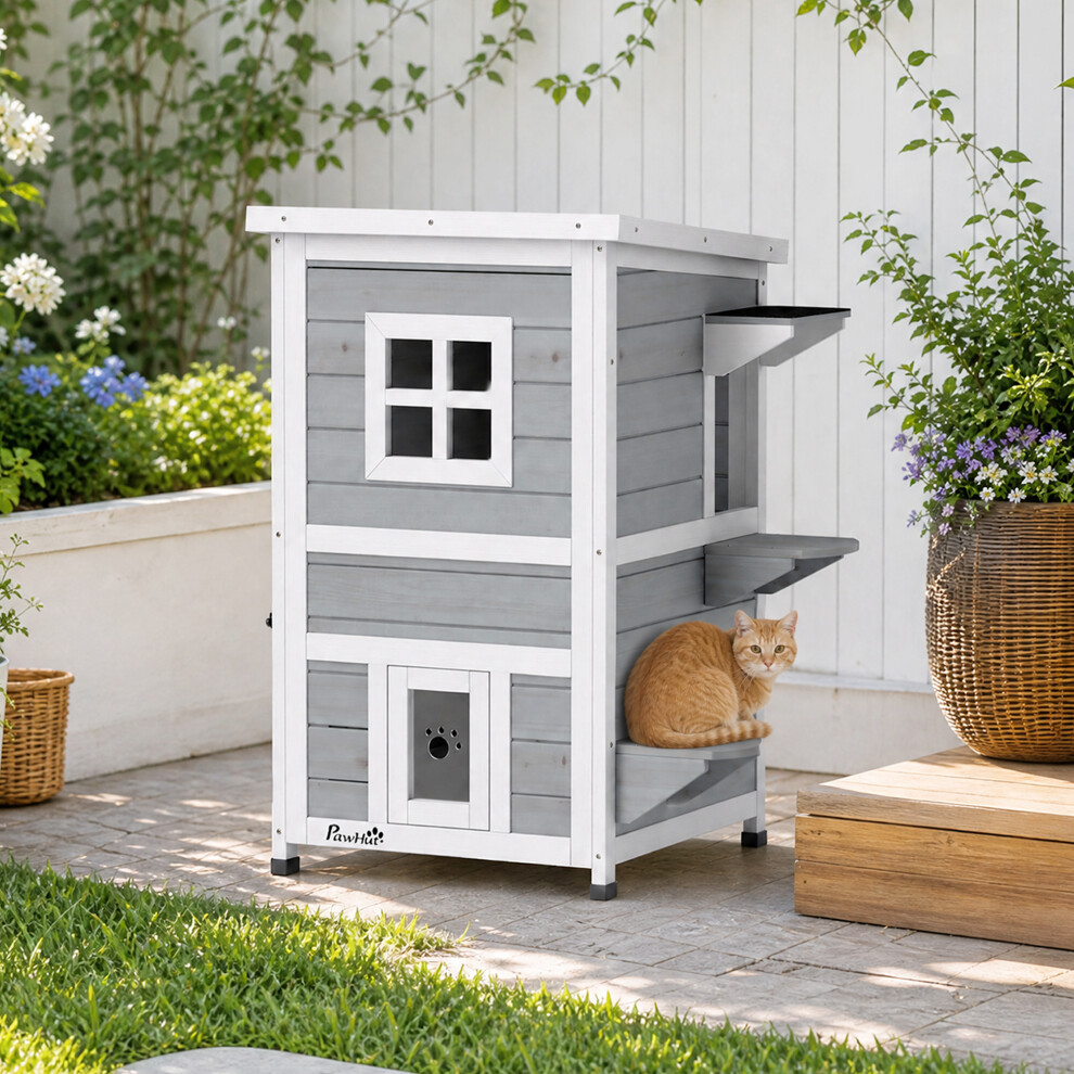 Pawhut Grey Wooden Cat House 2-Floor Outdoor Kitten Shelter With 3 Doors, - Image 5