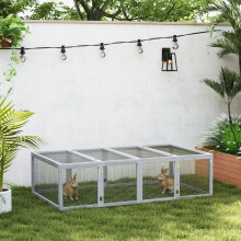(Grey) PawHut Wooden Rabbit Hutch Cage House with Wire Mesh