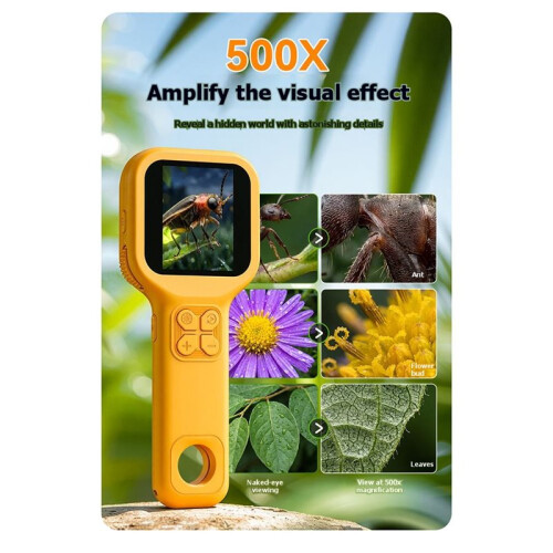 Microscópio Digital Portátil para Crianças 2,4 Polegadas 500X de Ampliação 8 Luzes LED Foco Ajustável 5-300mm 2