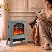 (Grey) HOMCOM Electric Fireplace, Freestanding Log Burner, LED Flame Effect