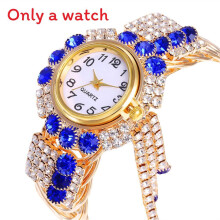 (Blue) Stylish Gold Bracelet Watch For Women With Zircon Accents Design Floral And