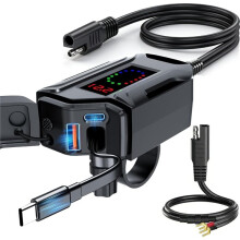 Motorcycle USB Charger,3in1 Fast Charging with USB-A & USB-C + Retractable Type-C Cable,LED Voltmeter for Motorbike ATV