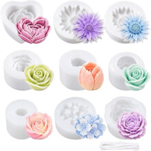 9 Pcs Rose Flower Tulip Peony Heart Candle Soap Wax Mold, Flower Candle Mold 3D Heart Tulip Silicone Molds