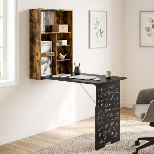 Homcom HOMCOM Folding Wall-Mounted Drop-Leaf Table Chalkboard Shelf Rustic Brown 1