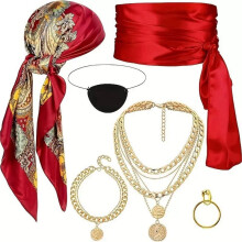 Conjunto de 6 Peças de Acessórios para Fantasia de Pirata Feminina e Masculina para o Halloween, Na Cor Vermelha.