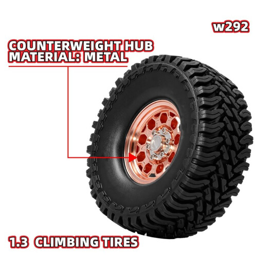 Rodas de Metal Beadlock de 1,3 Polegadas com Contrapeso e Pneus de Borracha, Pneus para Carros RC Crawler SCX24, TRX4M e 1/24, Na Cor Laranja. 1