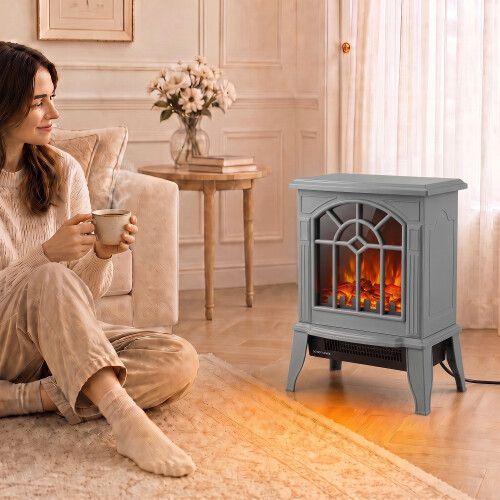 Homcom (Grey) HOMCOM Electric Fireplace, Freestanding Log Burner, LED Flame Effect 1