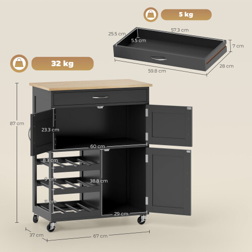 Homcom HOMCOM Kitchen Trolley, Rolling Island Storage Cart with Drawer, Black 2