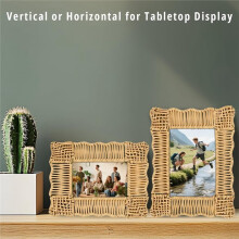 Rattan Picture Frames Set of 2, 5x7 & 4x6 Boho Farmhouse Faux Wicker Photo Frame with HD Glass, Mom Gifts