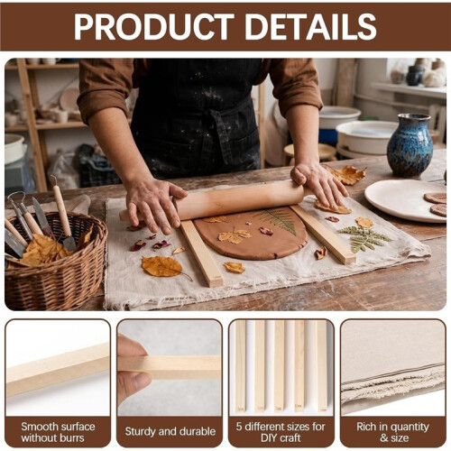 12 Pcs Pottery Tools Kit for Clay Pottery Rolling Pin Guide 10 Pcs 5 Size Rolling Pin Guide, Linen Tablecloth Mat 2