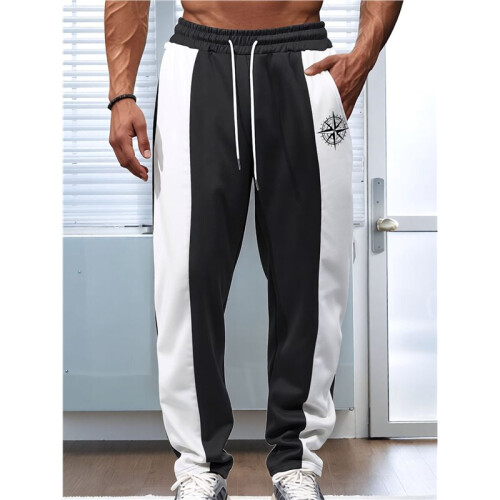 Men'S Color Block Side Stripe Drawstring Straight Athletic Pants Black XXL 2