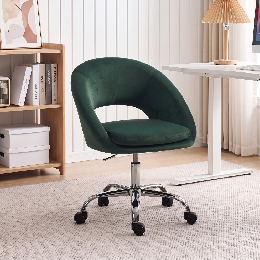 Rackhams Dark/Green Velvet Desk Chair With Height-Adjustable, Wheels - Image 3