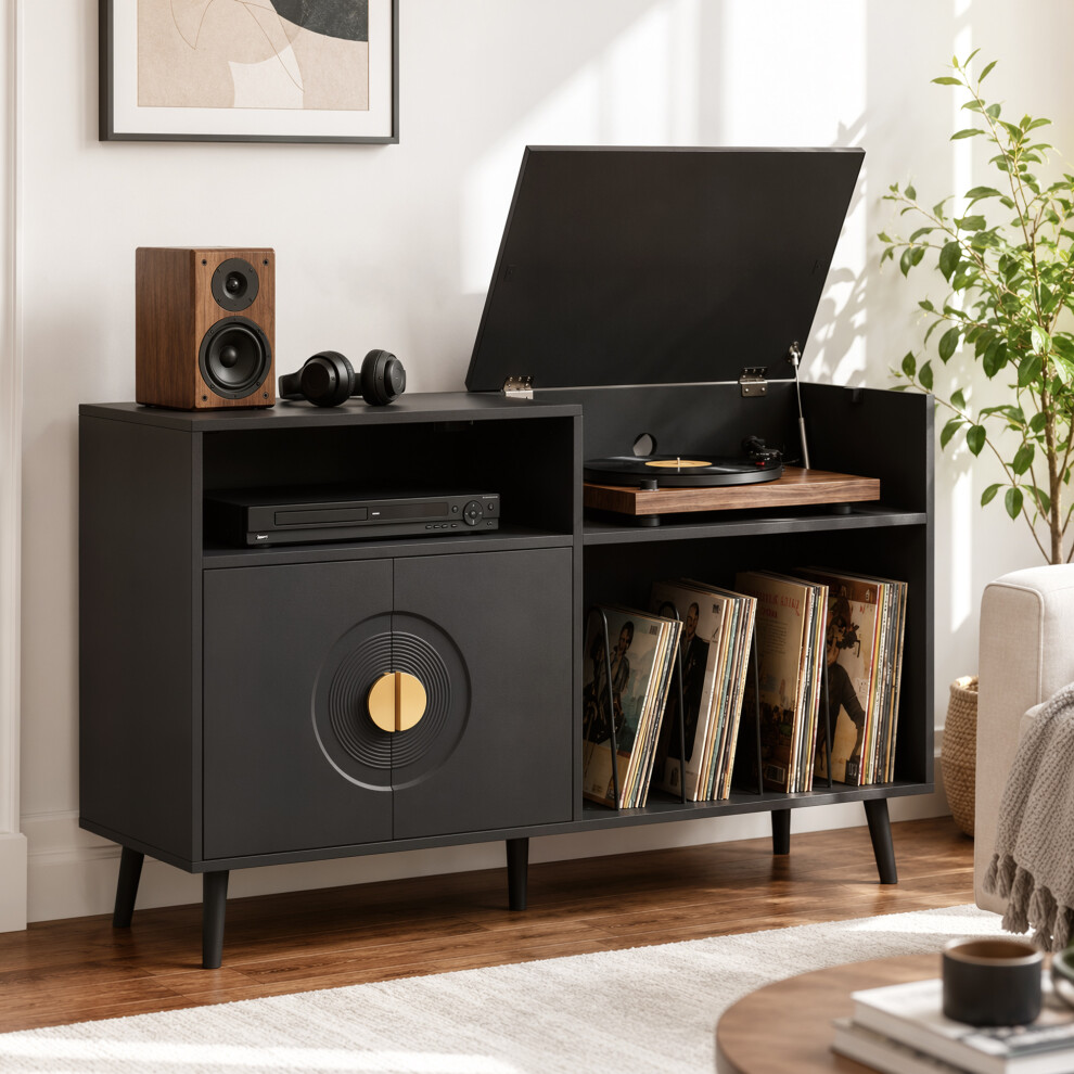 Homcom (Black) Record Player Stand Holds Up To 300 Albums With Cable Hole