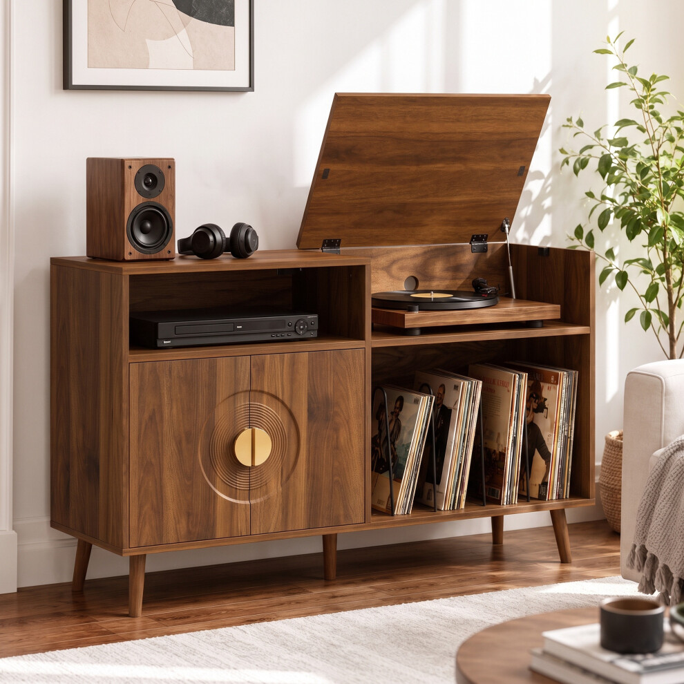 Homcom (Brown) Record Player Stand Holds Up To 300 Albums With Cable Hole