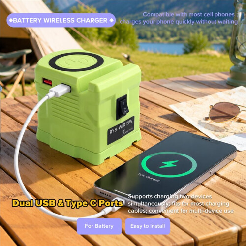 Wireless Charger Adapter for  18V Battery15W Max Wireless Charging with USB & Type C , for Camping Workshop 2