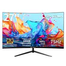 CRUA 27 Inch 2K QHD Curved Monitor, 2560x1440, 75Hz Computer Display with HDMI & DP, VESA Wall Mount, Eye Care PC Monitor for Office Work and Gaming