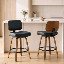 HOMCOM Bar Stools Set of 2, 360 Swivel Padded Seat, Curved Wood Legs, Black