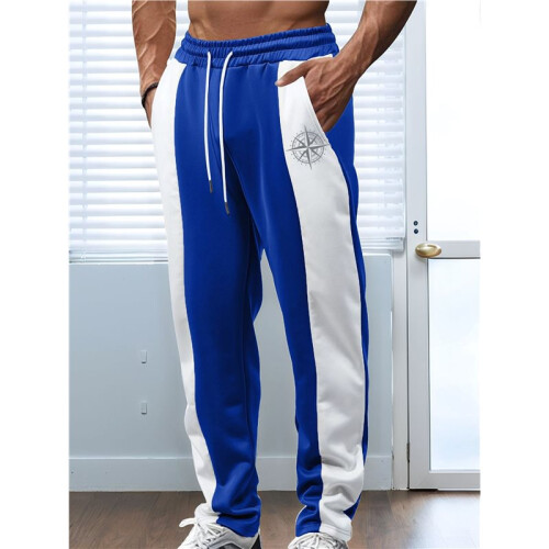Men'S Color Block Side Stripe Drawstring Straight Athletic Pants Royal  M 1