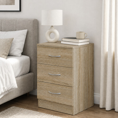 Homcom HOMCOM Modern 3 Drawers Side Table, Bedside Table with Wood Effect, Oak