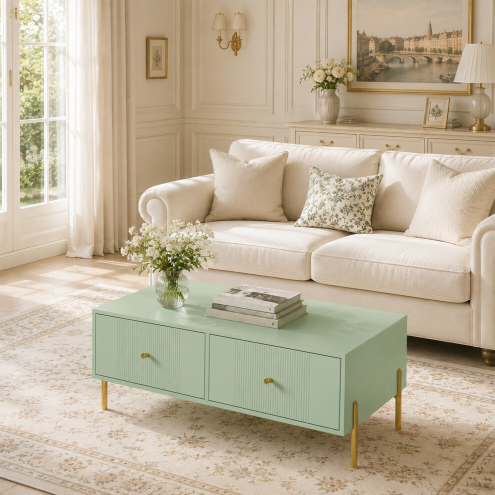 Rackhams Light/Green Coffee Table With 2 Drawers And Legs For Living Room, - Image 4