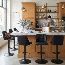 (Black, Set of 6) PU Bar Stools, Adjustable Swivel Breakfast Bar Chairs