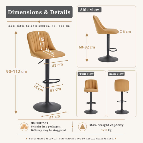 (Camel, Set of 6) PU Bar Stools, Adjustable Swivel Breakfast Bar Chairs 2