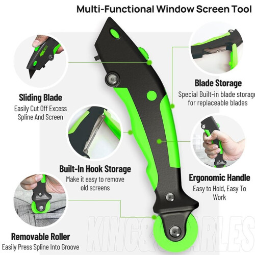 Versatile Screen Roller Tool, 3pcs Different Roller+Hook+Trim Bearing Roller, Removal Hook- Foldable, 3pcs Blade-Storage 1