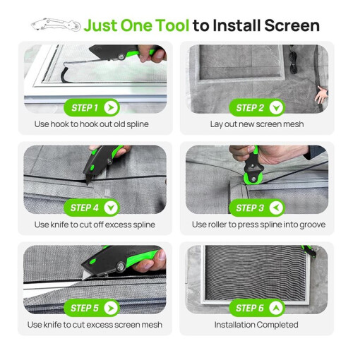Versatile Screen Roller Tool, 3pcs Different Roller+Hook+Trim Bearing Roller, Removal Hook- Foldable, 3pcs Blade-Storage 2