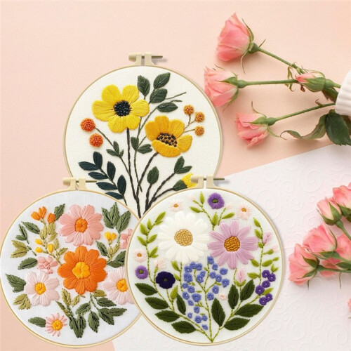 3 Pack Embroidery Kit for Beginners, Floral Plant  Stitch Set with Hoops, Threads, Tools 1