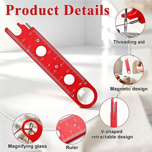 4 Pcs Sewing Machine Needle Threader with Seam Ripper, 4 in 1 Automatic Needle Threading Tool with Magnifier & Ruler 2