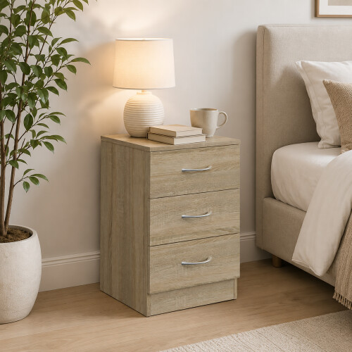 Homcom HOMCOM Modern 3 Drawers Side Table, Bedside Table with Wood Effect, Oak 1