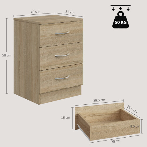 Homcom HOMCOM Modern 3 Drawers Side Table, Bedside Table with Wood Effect, Oak 2