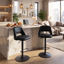 (Black, Set of 2) PU Bar Stools, Adjustable Swivel Breakfast Bar Chairs with Open Backrest