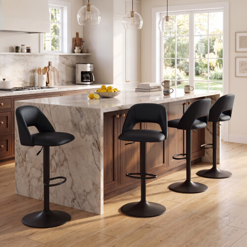 (Black, Set of 4) PU Bar Stools, Adjustable Swivel Breakfast Bar Chairs with Open Backrest 1